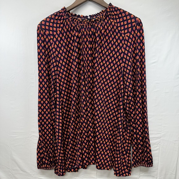 Lane Bryant Tops - Lane Bryant Navy Pink Geometric Medallion Ruffle Neck Keyhole Blouse 22/24 NEW